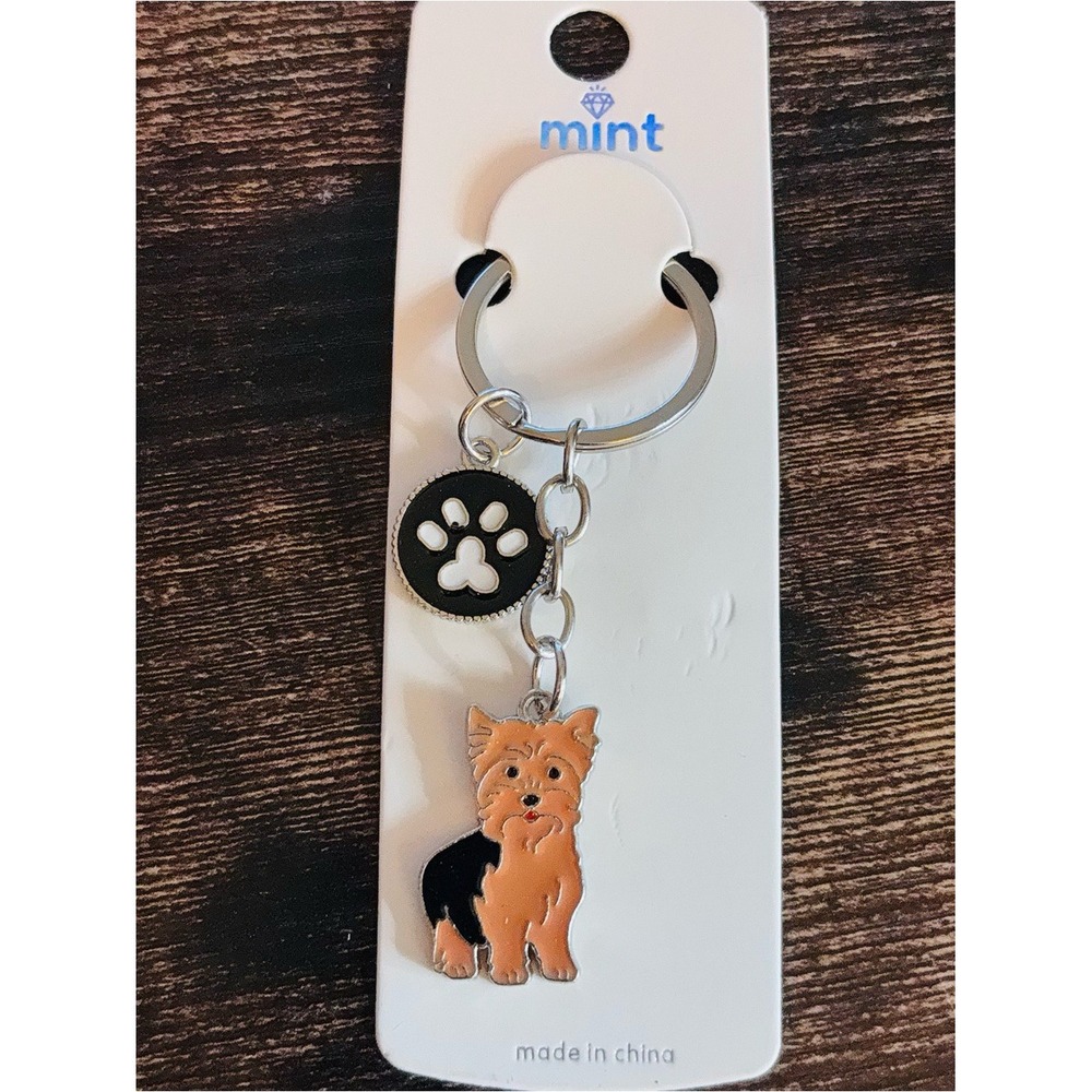 Yorkshire Terrier Yorkie‎ Dog Enamel Keychain Paw Print Charm Silver Tone NWT